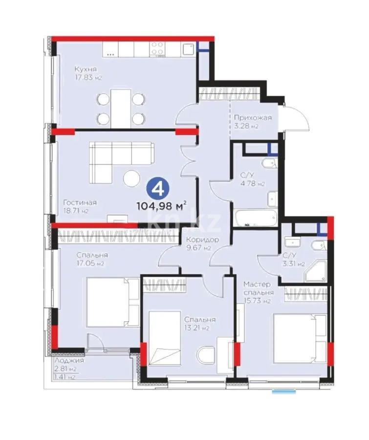 Продажа 4-комнатной квартиры, 104.98 м² в Астане