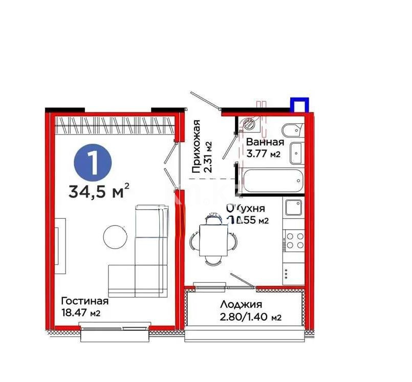 Продажа 1-комнатной квартиры, 34.5 м² в Астане
