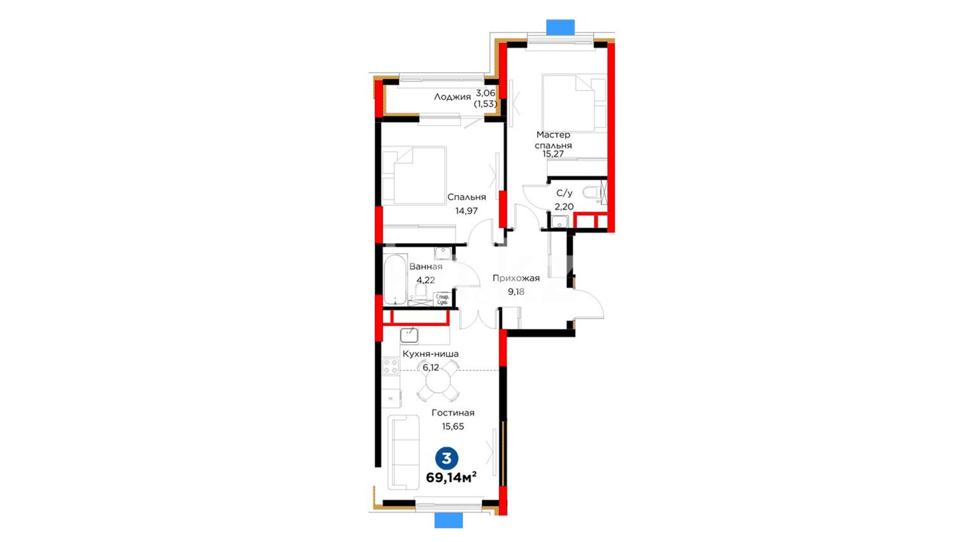 ЖК UIA. DARYN, 3-комнатная, цена 55 546 082 ₸, 803 386 ₸&nbsp;/&nbsp;м²