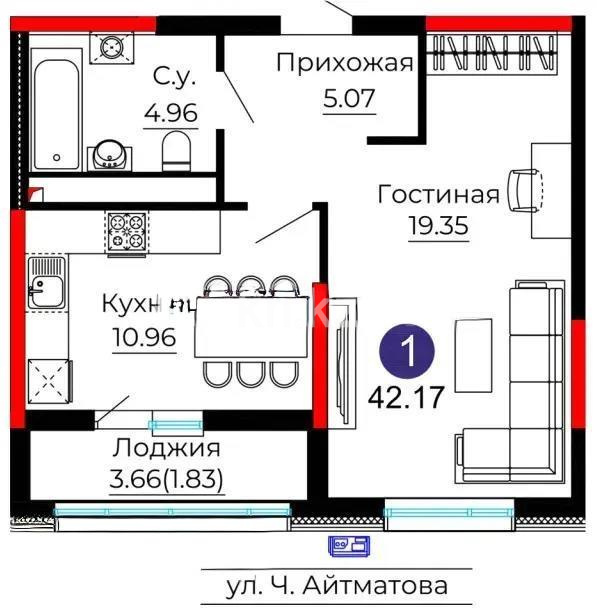 Продажа 1-комнатной квартиры, 41.7 м², ул. Е-429, дом  14 в Астане - фото 5