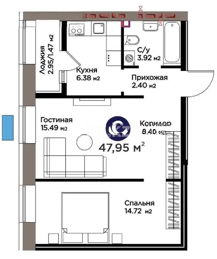 Продажа 2-комнатной квартиры, 48 м² в Астане