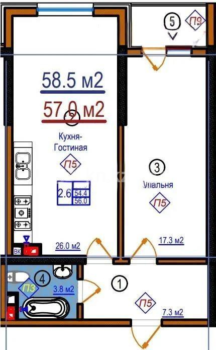 Продажа 2-комнатной квартиры, 57.3 м² в Алматы