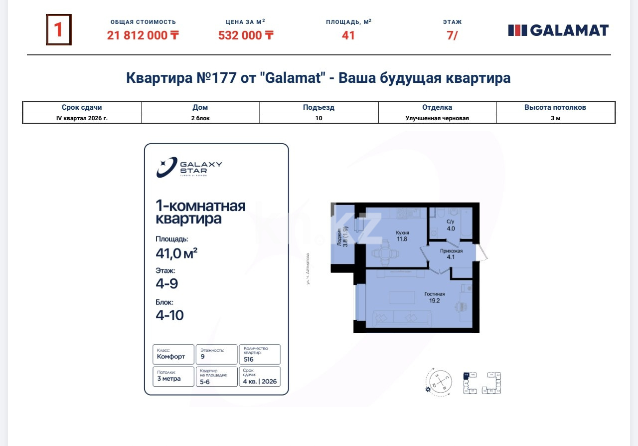 Продажа 1-комнатной квартиры, 41 м² в Астане