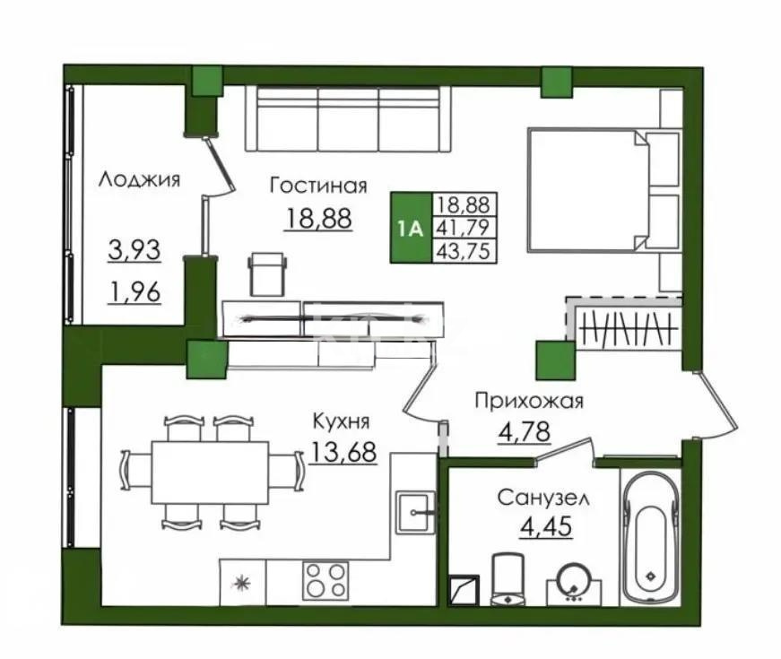 Продажа 1-комнатной квартиры, 43.99 м² в Астане