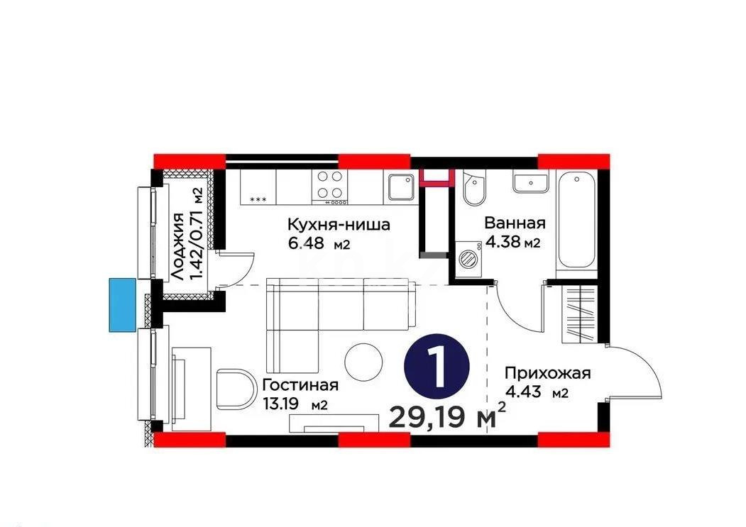 Продажа 1-комнатной квартиры, 29.19 м² в Астане