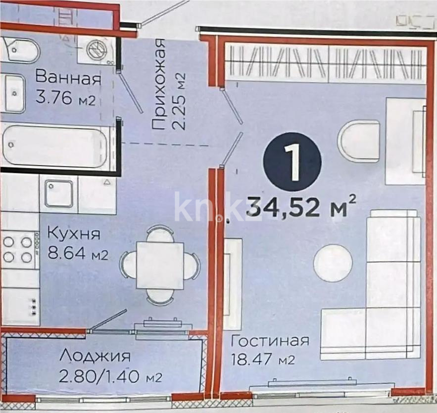 Продажа 1-комнатной квартиры, 35 м² в Астане