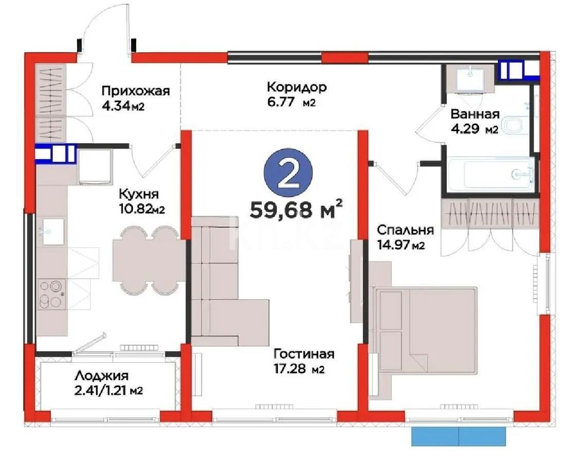 Продажа 2-комнатной квартиры, 59.68 м² в Алматы
