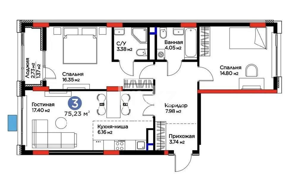 Продажа 3-комнатной квартиры, 75.23 м² в Астане