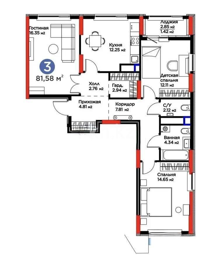 Продажа 3-комнатной квартиры, 82 м² в Астане