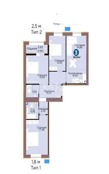 Продажа 3-комнатной квартиры, 88.24 м² в Астане