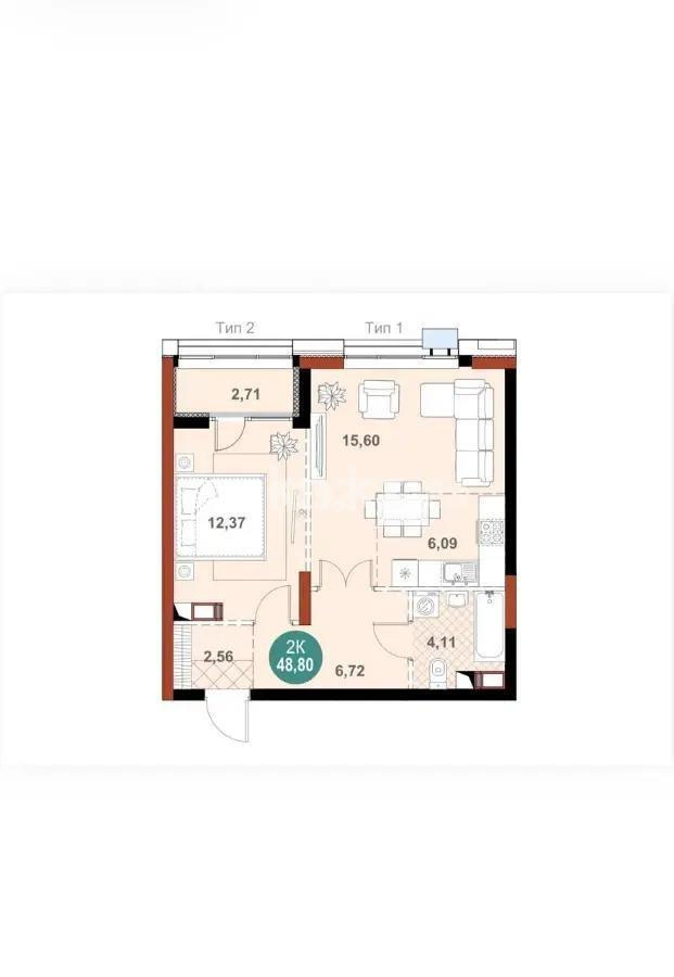 Продажа 2-комнатной квартиры, 48.8 м² в Астане