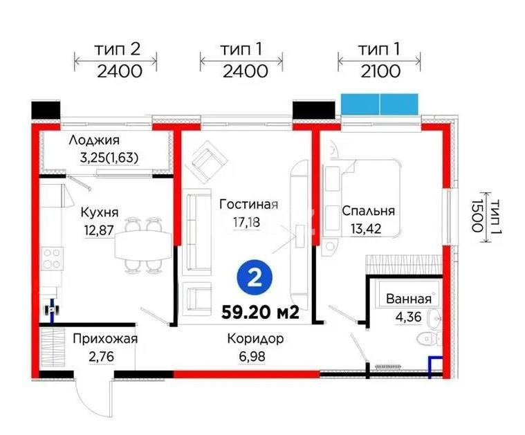 Продажа 2-комнатной квартиры, 59.2 м², ул. Тараз, дом  8/1 стр в Алматы