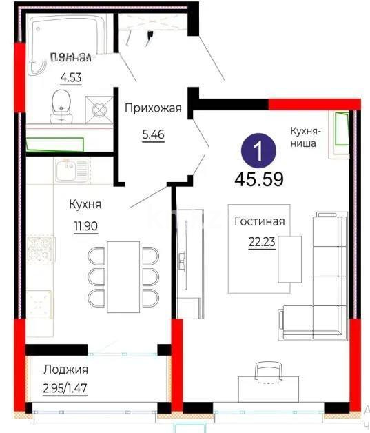 Продажа 1-комнатной квартиры, 45.59 м², ул. Е-882, дом  7 в Астане