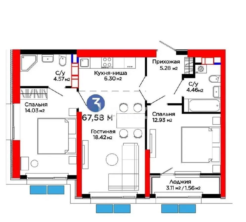 Продажа 3-комнатной квартиры, 67.58 м² в Алматы