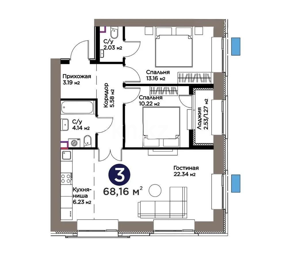 Продажа 3-комнатной квартиры, 68 м² в Астане