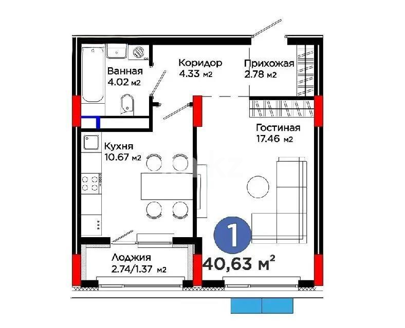 Продажа 1-комнатной квартиры, 40.63 м² в Астане