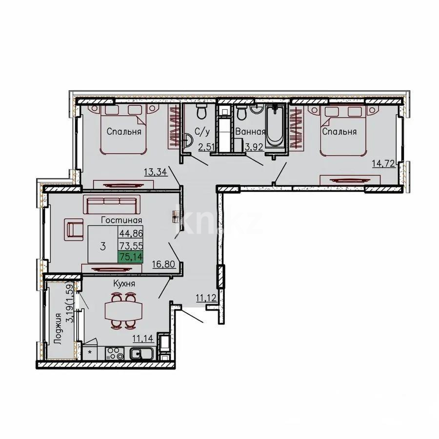 Продажа 3-комнатной квартиры, 75.14 м², ул. Асфендиярова, дом  8 в Астане - фото 5
