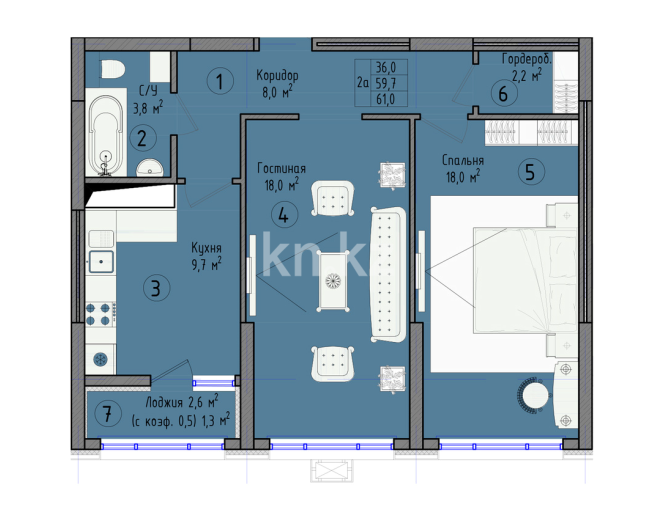 Продажа 2-комнатной квартиры, 61 м², ул. Култегин, дом  16 в Астане