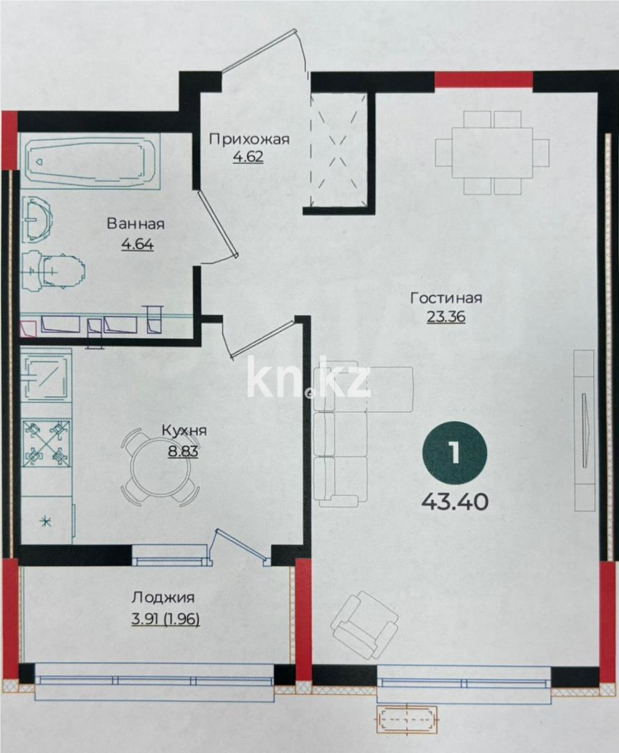 Продажа 1-комнатной квартиры, 43.18 м² в Астане