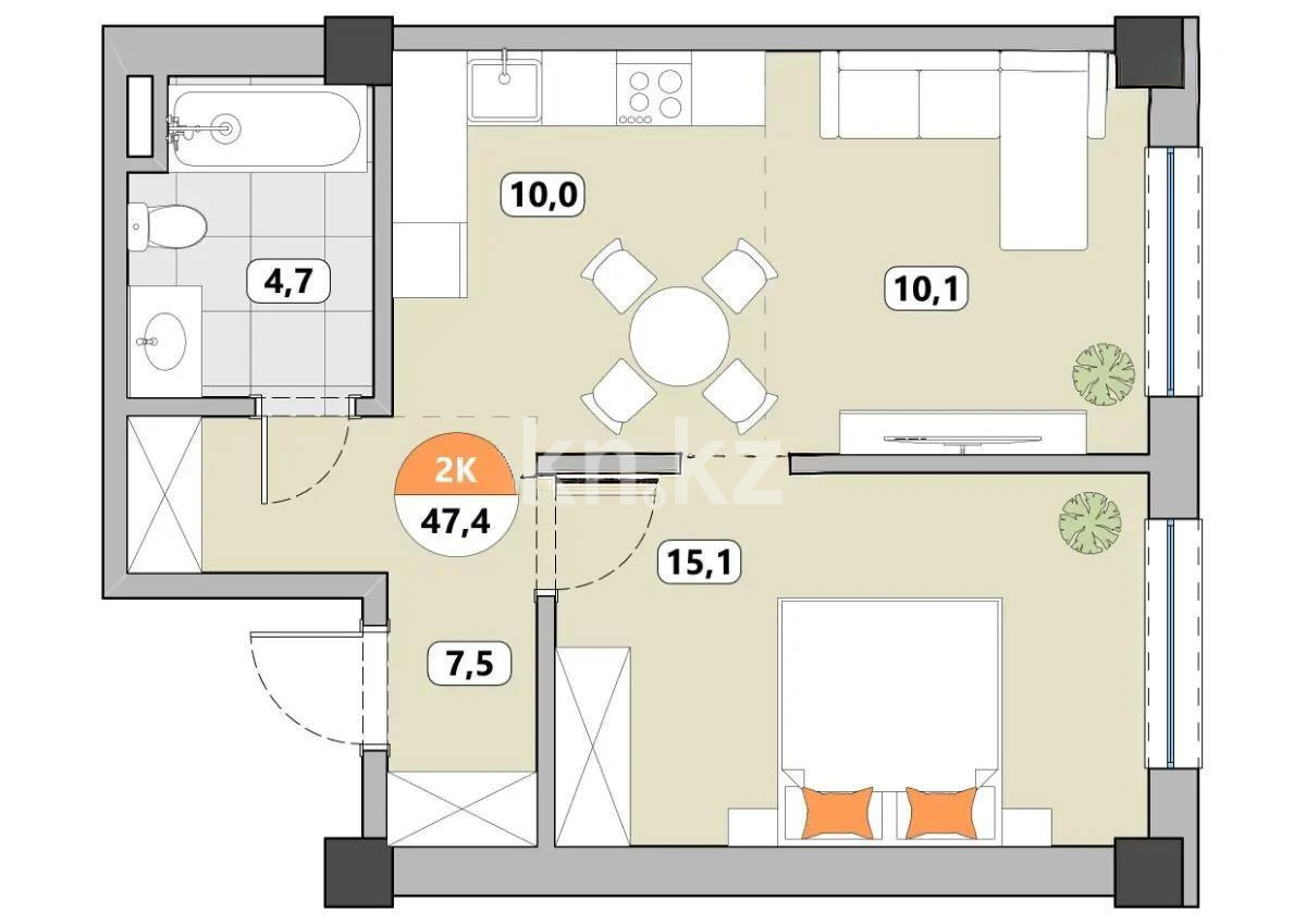 Продажа 2-комнатной квартиры, 45.9 м² в Алматы