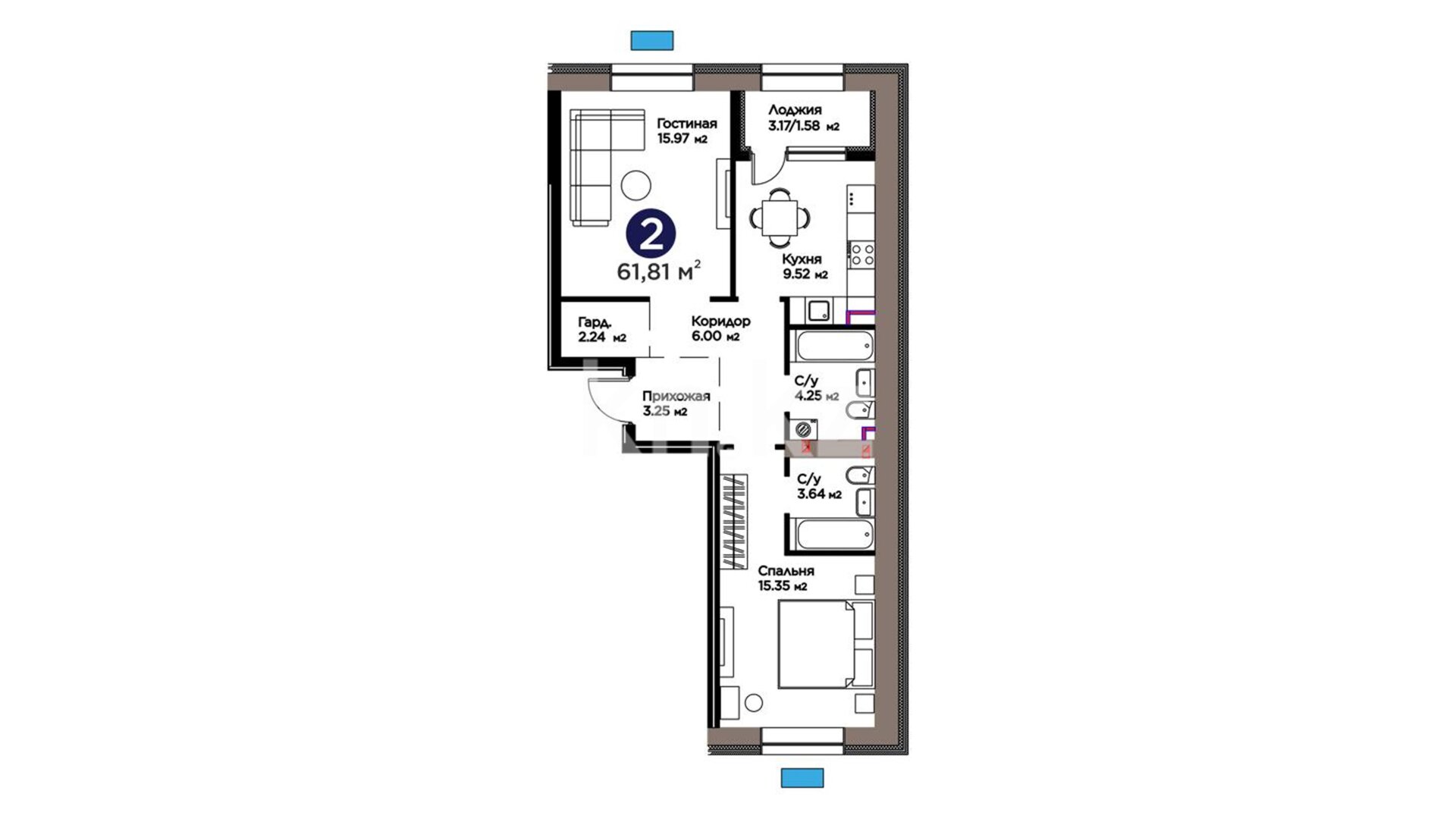 ЖК ŪIA. TARIH, 2-комнатная, цена 37 197 258 ₸, 601 800 ₸&nbsp;/&nbsp;м²