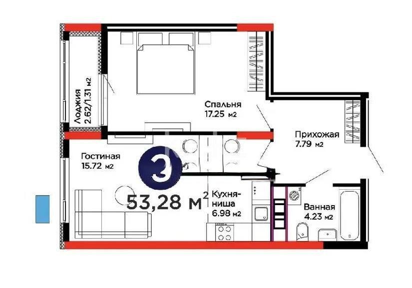 Продажа 2-комнатной квартиры, 53.28 м² в Астане