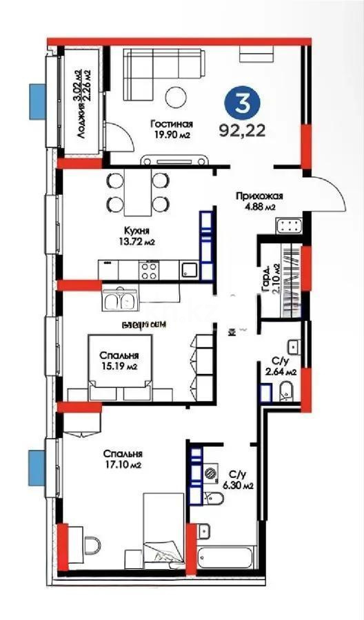 Продажа 3-комнатной квартиры, 92.2 м² в Астане - фото 6