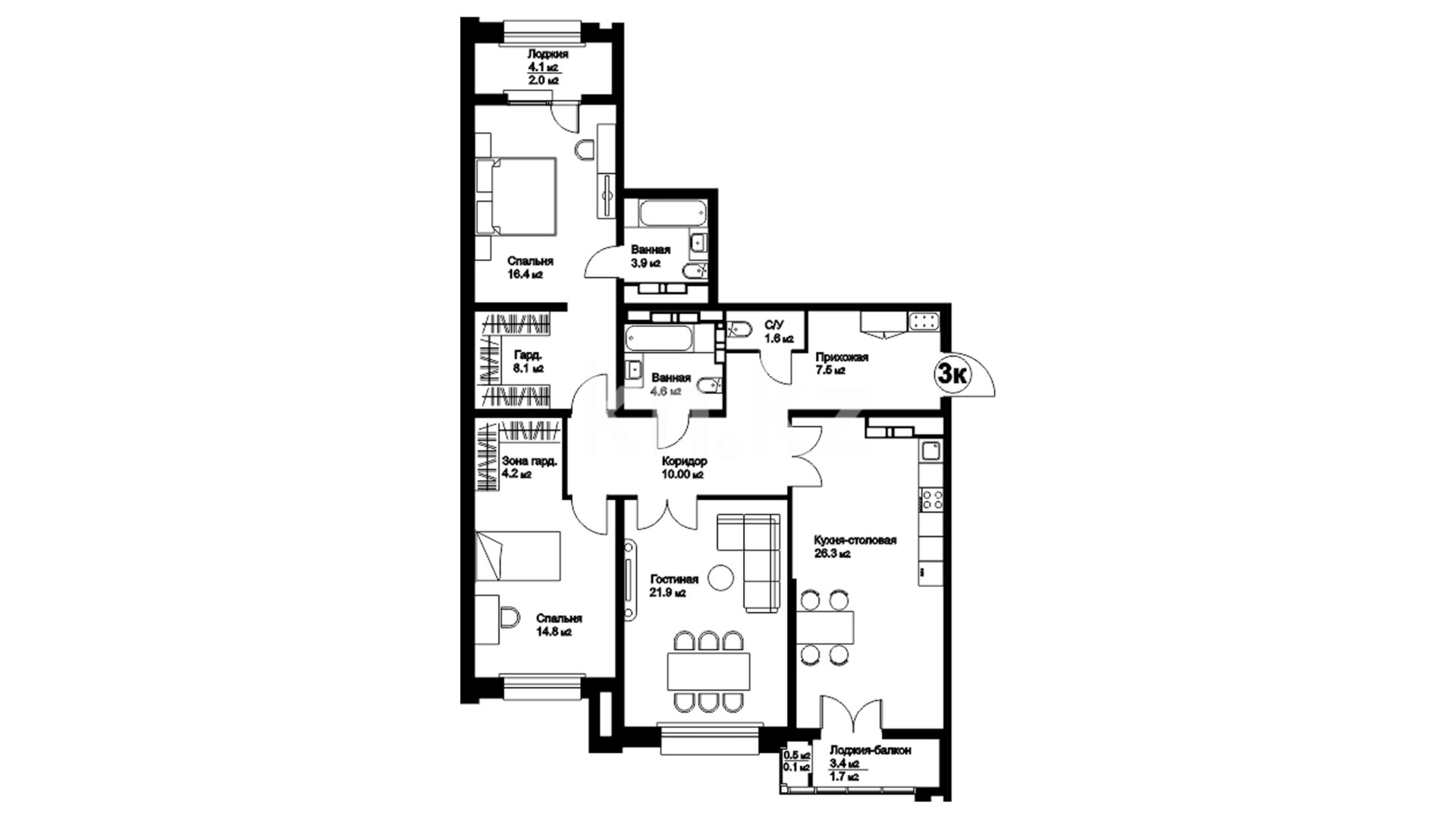 ЖК Etasa Residence, 3-комнатная, цена 96 250 000 ₸, 766 322 ₸&nbsp;/&nbsp;м²