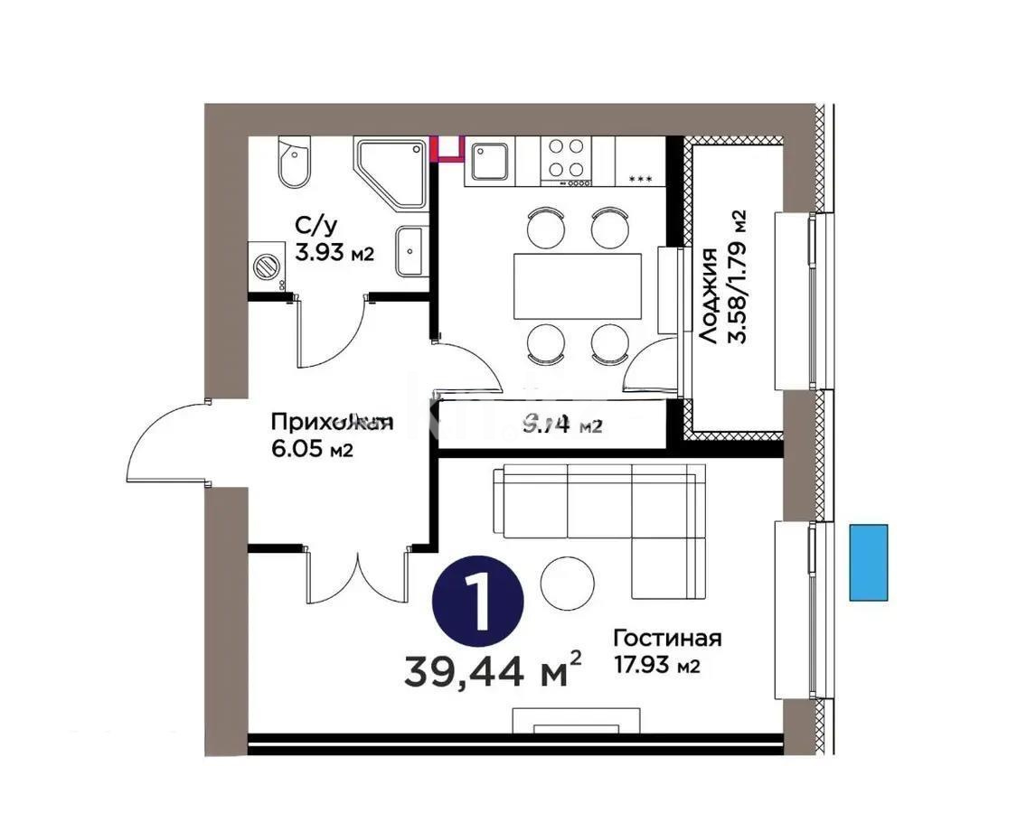 Продажа 1-комнатной квартиры, 39.44 м² в Астане