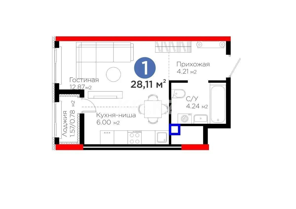 Продажа 1-комнатной квартиры, 28.11 м² в Астане
