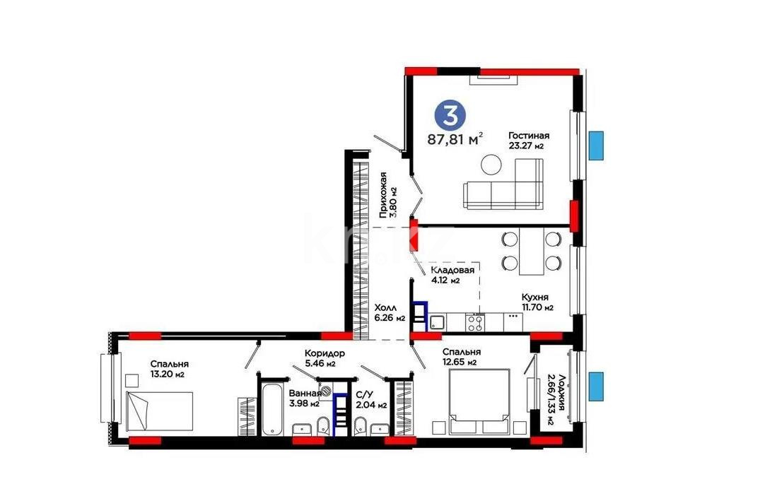 Продажа 3-комнатной квартиры, 87.81 м² в Астане
