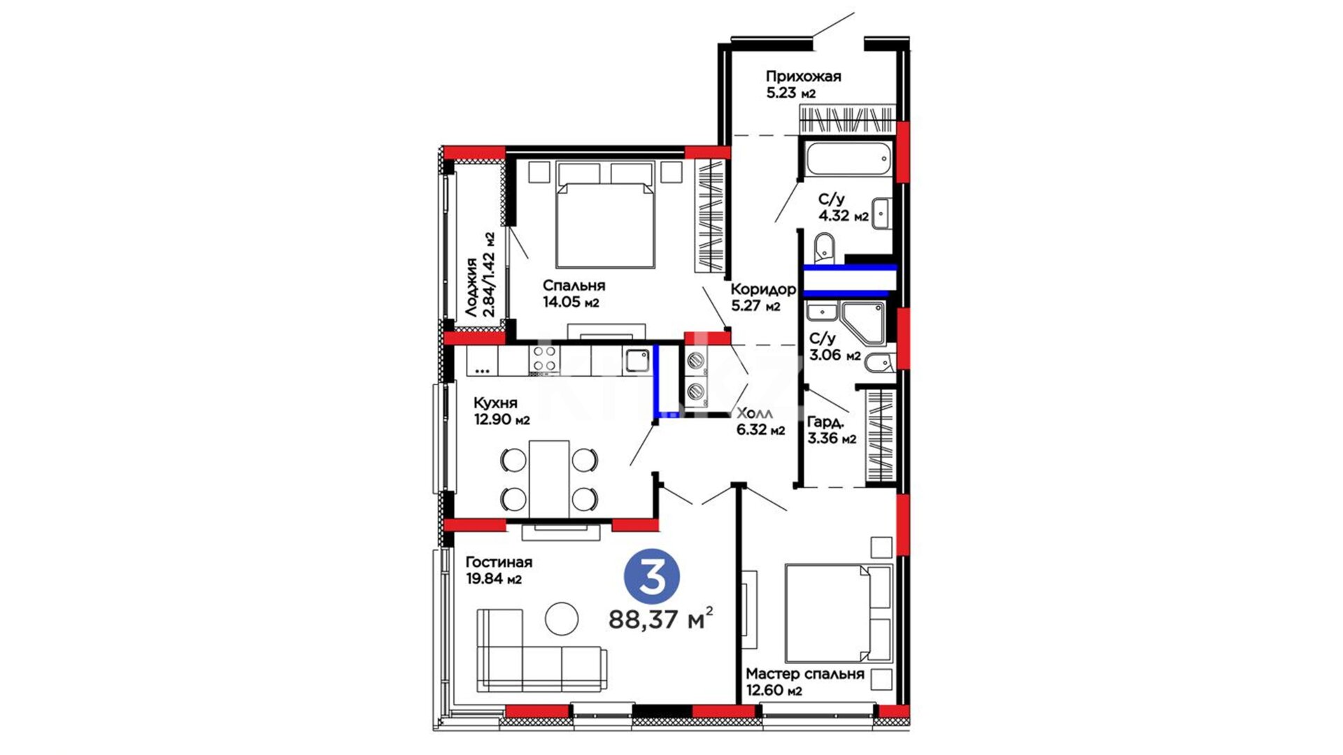 ЖК Baizaman, 3-комнатная, цена 53 556 638 ₸, 606 050 ₸&nbsp;/&nbsp;м²