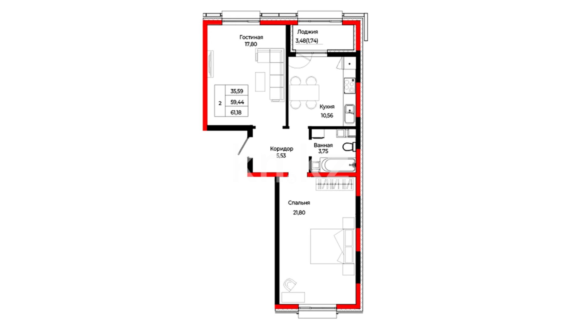 ЖК Baisa, 2-комнатная, цена 30 284 100 ₸, 495 000 ₸&nbsp;/&nbsp;м²