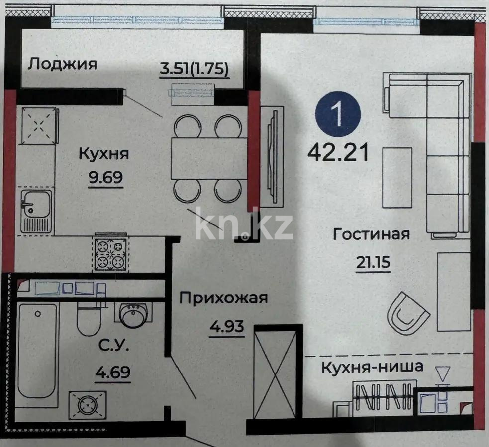 Продажа 1-комнатной квартиры, 42.1 м², ул. Е-429, дом  14/1 в Астане