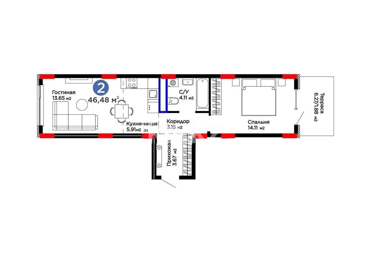 Продажа 2-комнатной квартиры, 46.48 м² в Астане