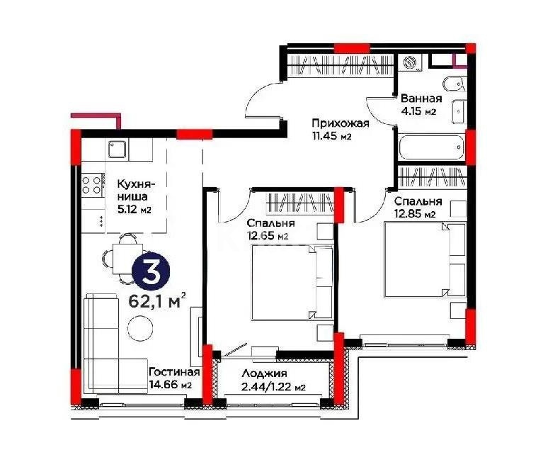 Продажа 3-комнатной квартиры, 61 м² в Астане