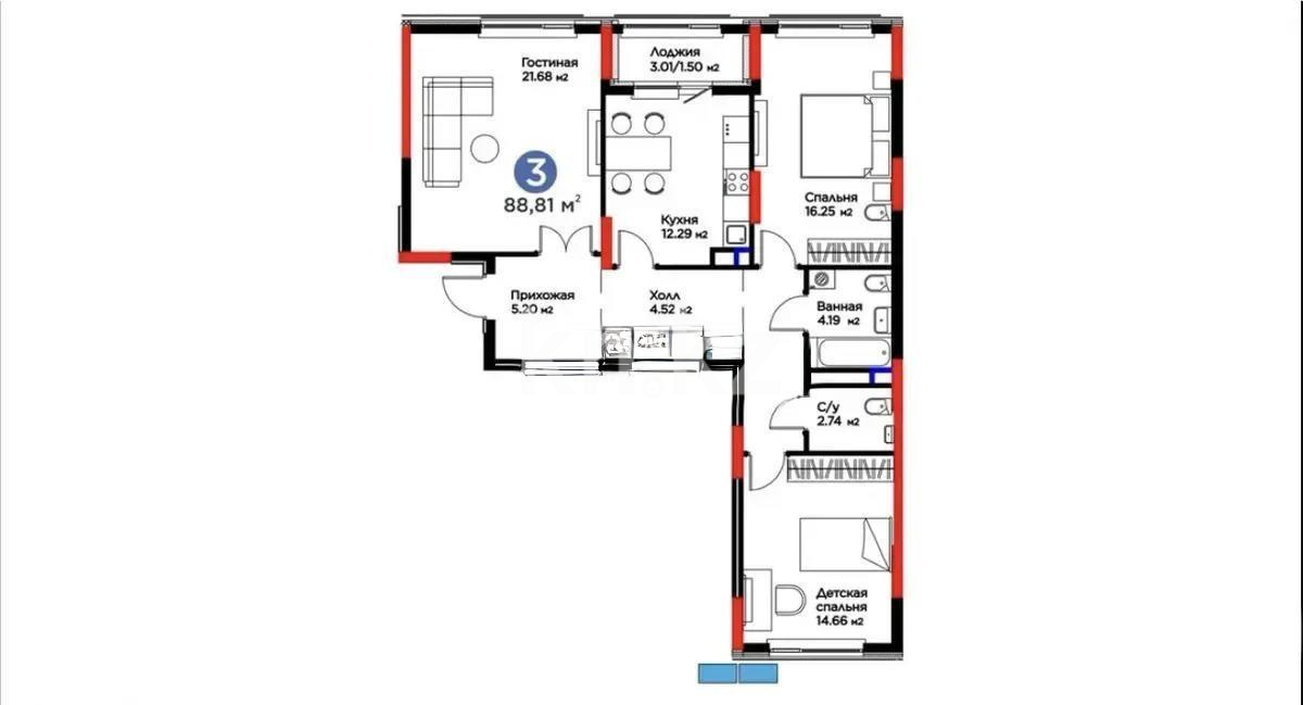 Продажа 3-комнатной квартиры, 86 м², ул. Бухар жырау, дом  33 в Астане