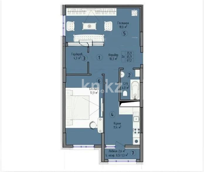 Продажа 2-комнатной квартиры, 67.2 м² в Астане