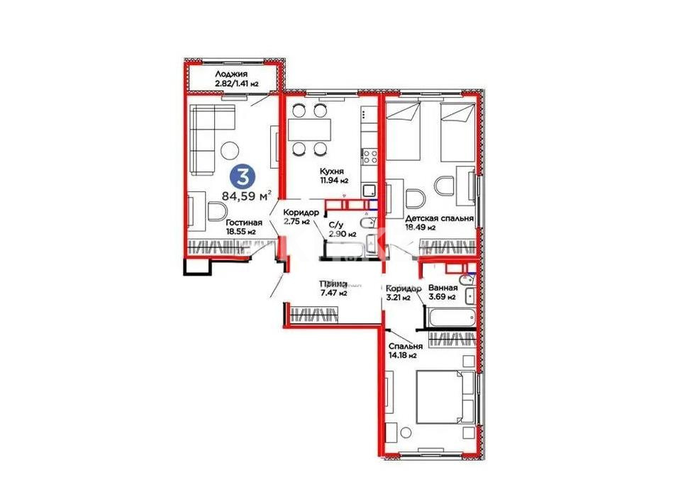 Продажа 3-комнатной квартиры, 84.59 м² в Астане
