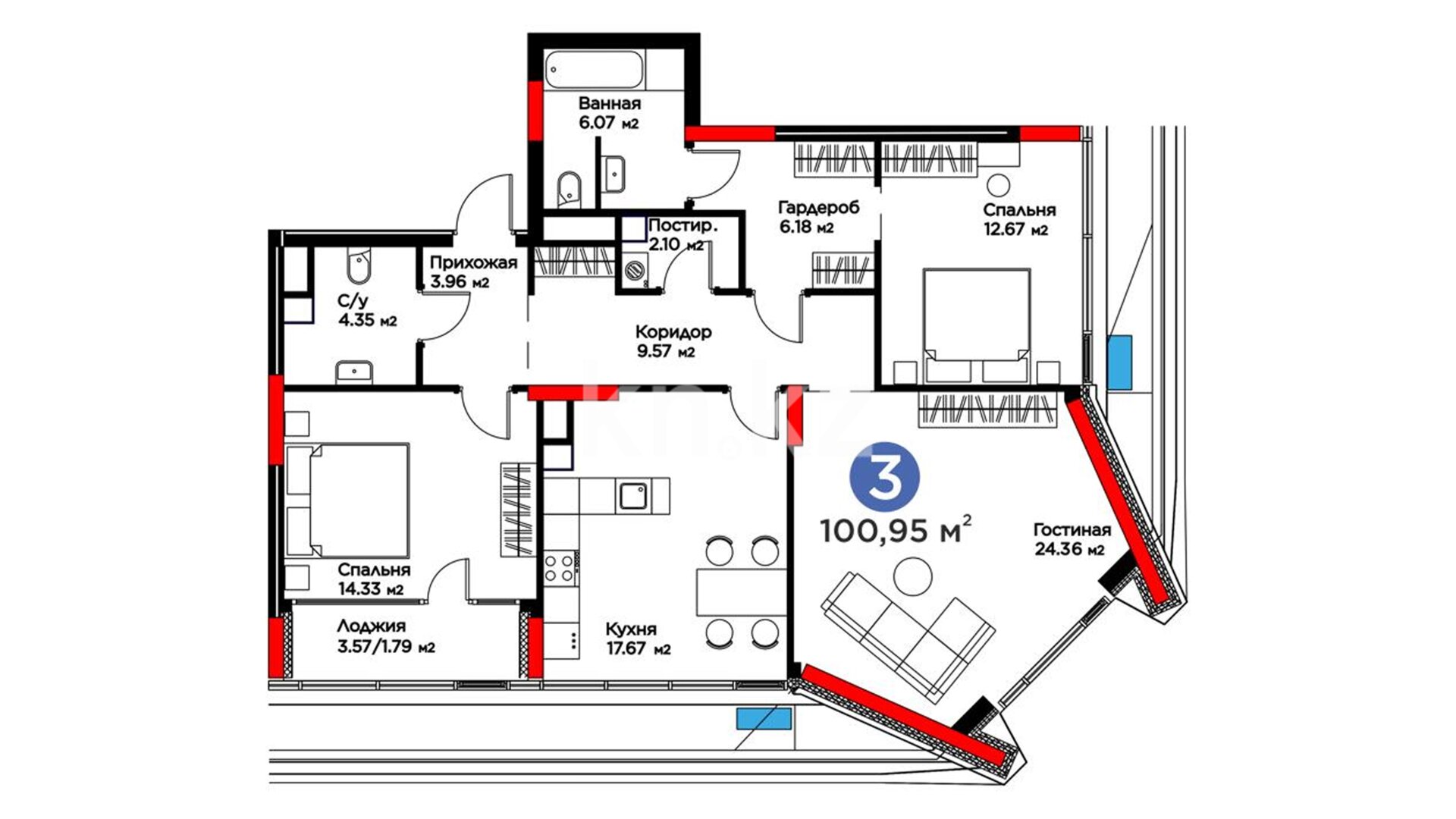 ЖК MoD. Urban, 3-комнатная, цена 73 683 405 ₸, 729 900 ₸&nbsp;/&nbsp;м²