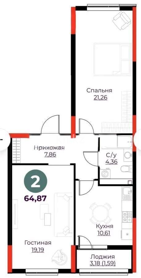 Продажа 2-комнатной квартиры, 64.87 м² в Астане