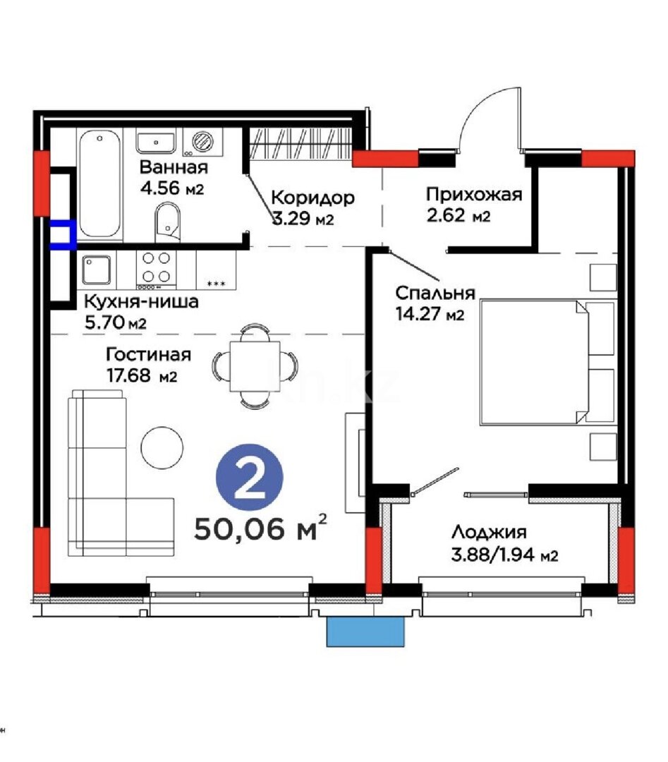 Продажа 2-комнатной квартиры, 50.06 м² в Астане
