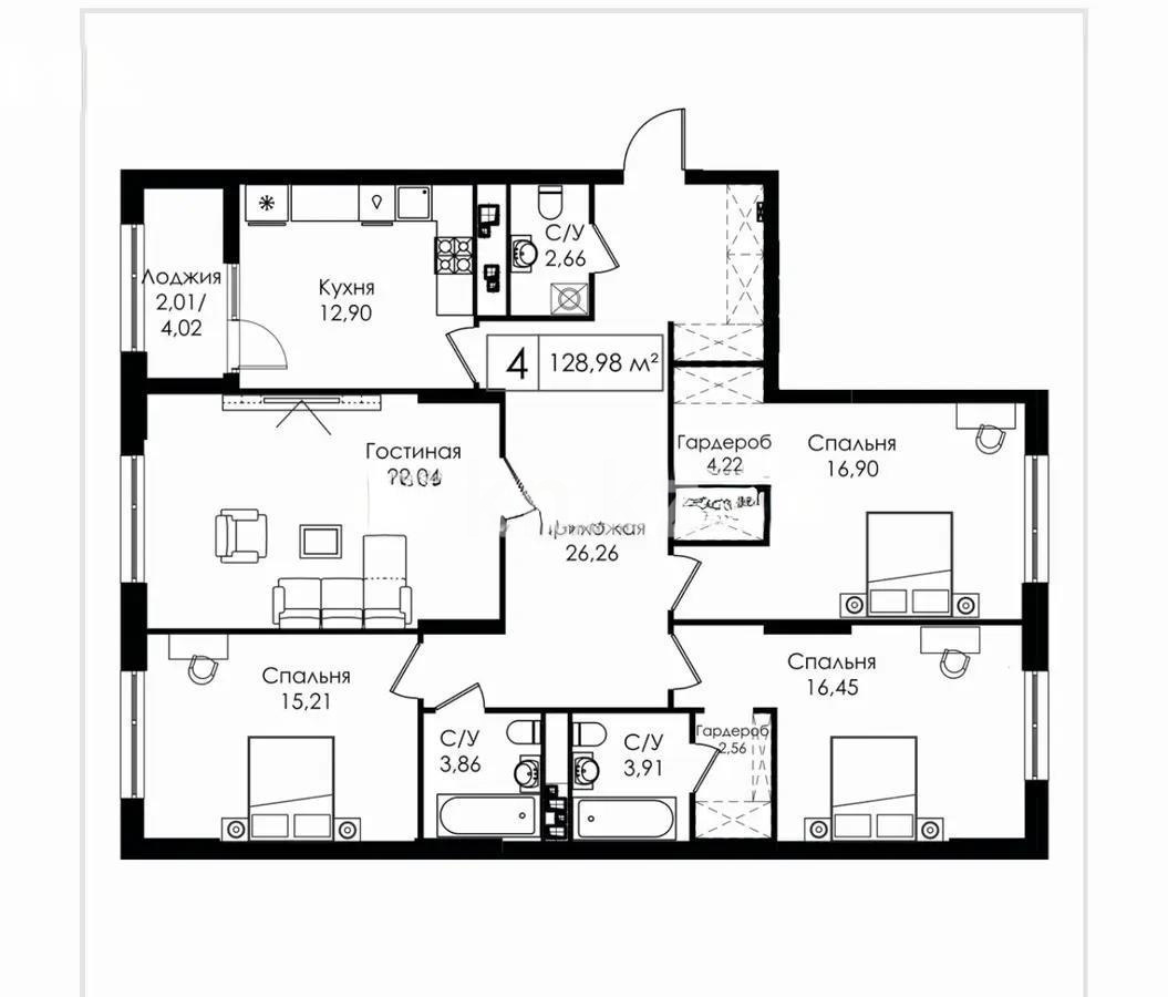 Продажа 4-комнатной квартиры, 129 м², пр. Улы Дала, дом  25 в Астане
