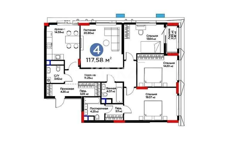 Продажа 4-комнатной квартиры, 117.58 м² в Астане