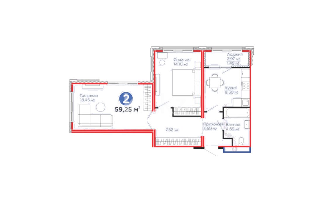 ЖК Yrysty, 2-комнатная, цена 39 087 225 ₸, 659 700 ₸&nbsp;/&nbsp;м²