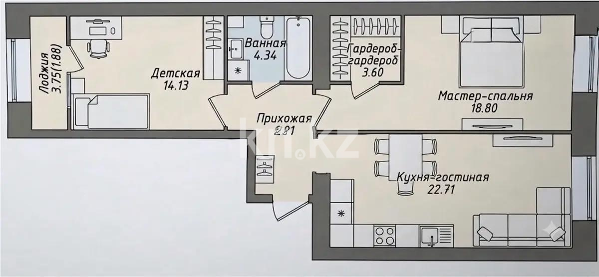 Продажа 2-комнатной квартиры, 71.47 м² в Астане