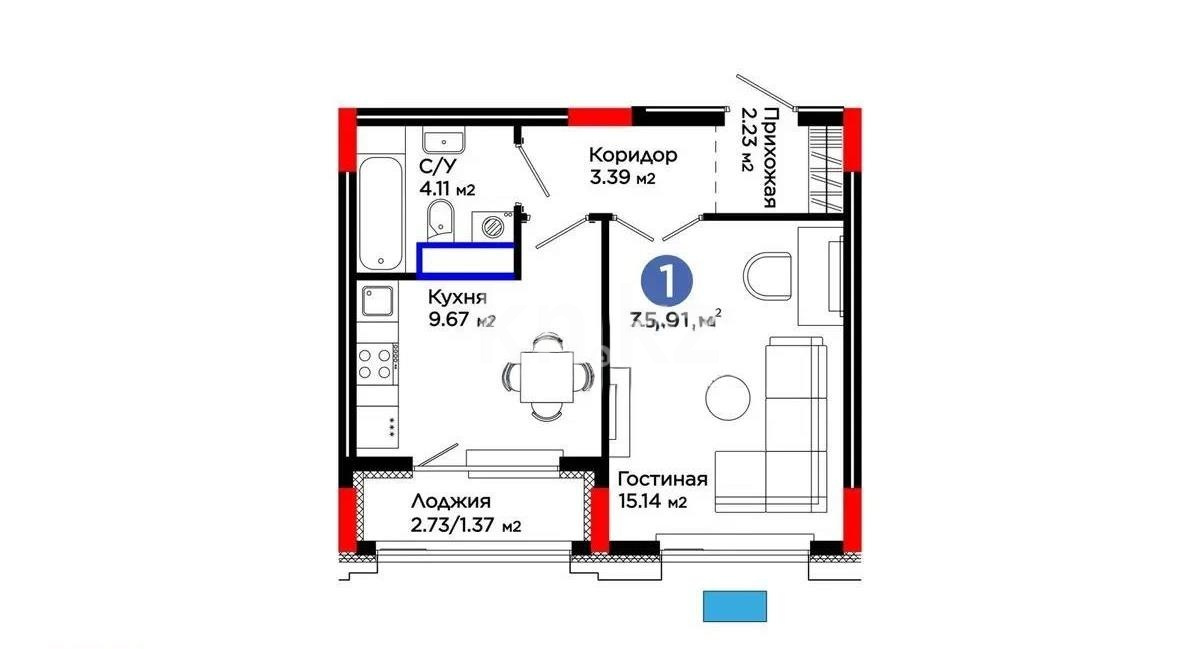 Продажа 1-комнатной квартиры, 35.91 м² в Астане