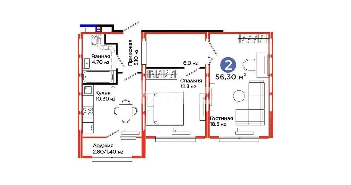 Продажа 2-комнатной квартиры, 56.1 м² в Астане