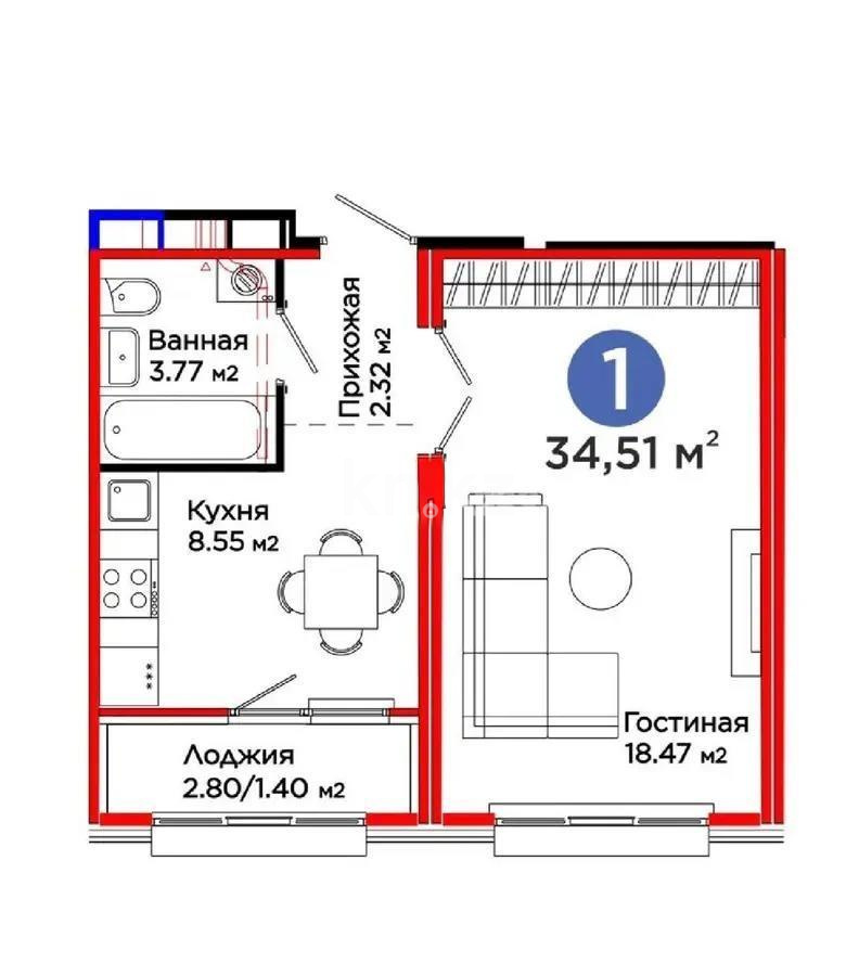 Продажа 1-комнатной квартиры, 34.51 м², пр. Улы Дала, дом  14 в Астане - фото 2