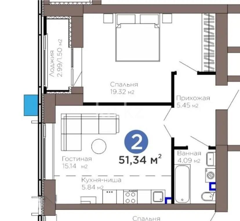 Продажа 2-комнатной квартиры, 51.34 м² в Астане - фото 3